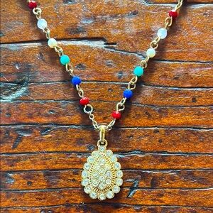 Gold Crystal Teardrop Pendant Necklace with Multicolor Beads